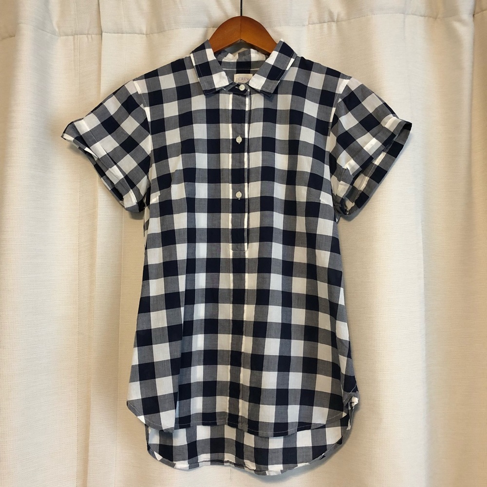 J. Crew navy check pop over short sleeve top